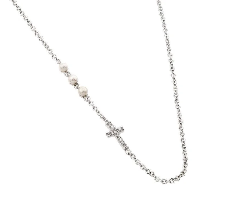 ladies necklaces purple-Silver 925 Rhodium Plated Clear CZ 3 Pearl 1 Cross Pendant Necklace - BGP00949