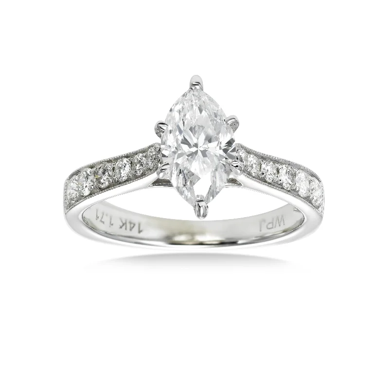 Ladies engagement rings bold diamond -Marquise Shaped Diamond Engagement Ring, 1.22 Carats Center, 14K White Gold