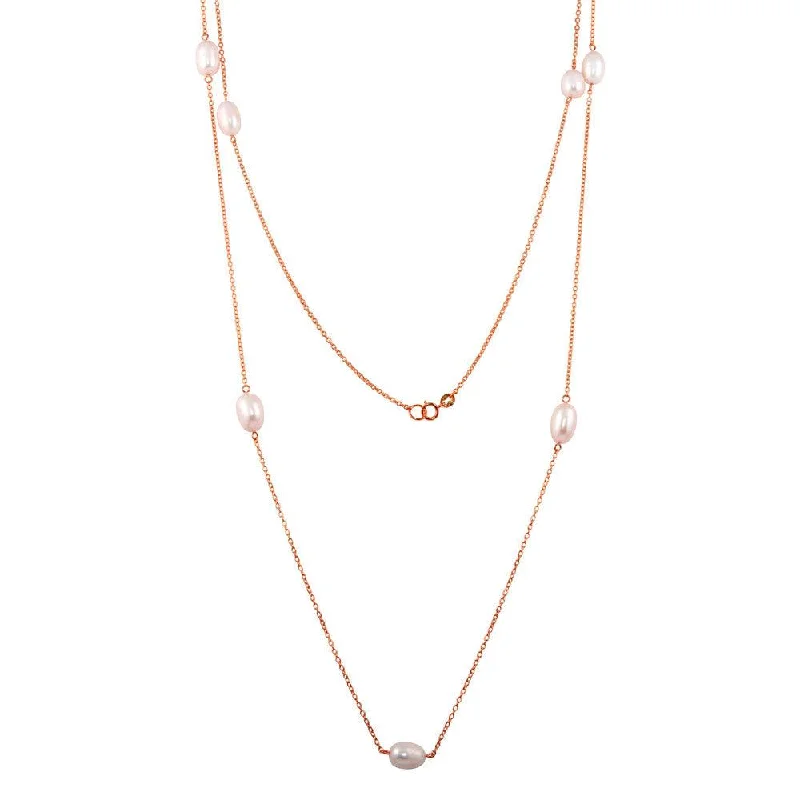 ladies necklaces bold design-Rose Gold Plated 925 Sterling Silver Fresh Water Pearls Necklace - BGP01249-RGP