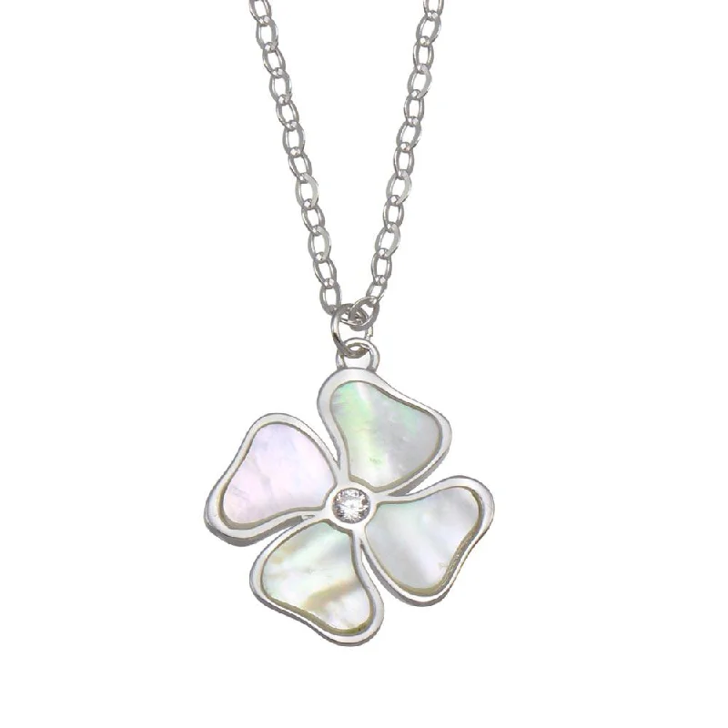 ladies necklaces maintenance-Rhodium Plated 925 Sterling Silver Mother of Pearl and CZ Clover Necklace - GMN00085