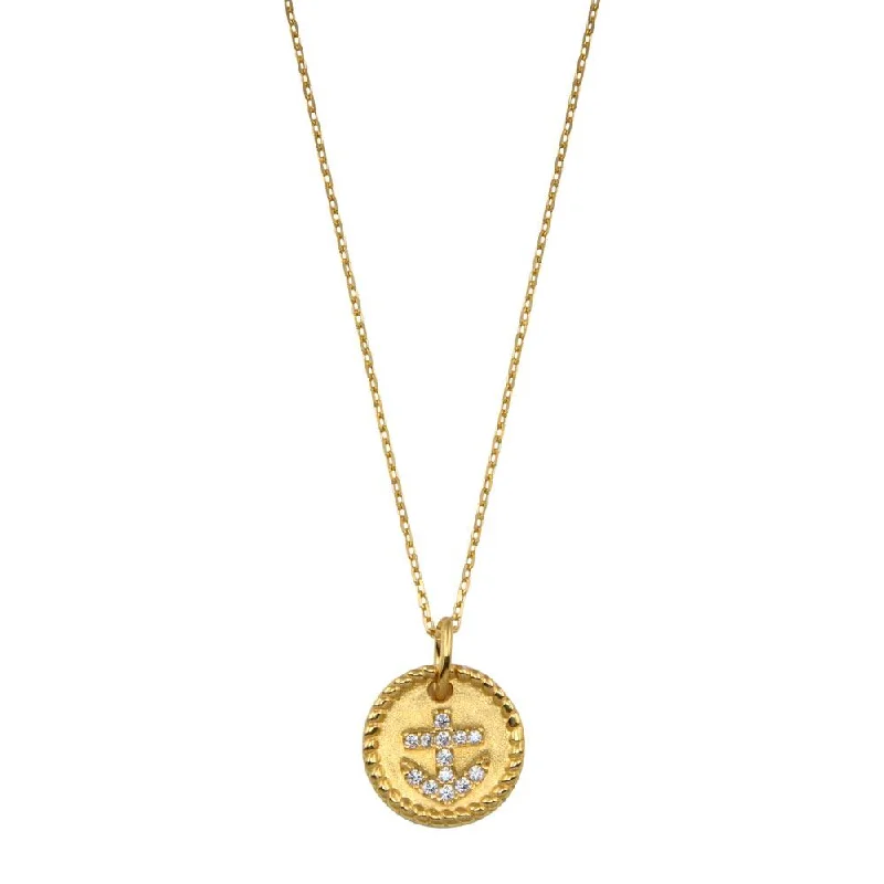 ladies necklaces shiny-Gold Plated 925 Sterling Silver CZ Round Anchor Necklace - GMN00185GP