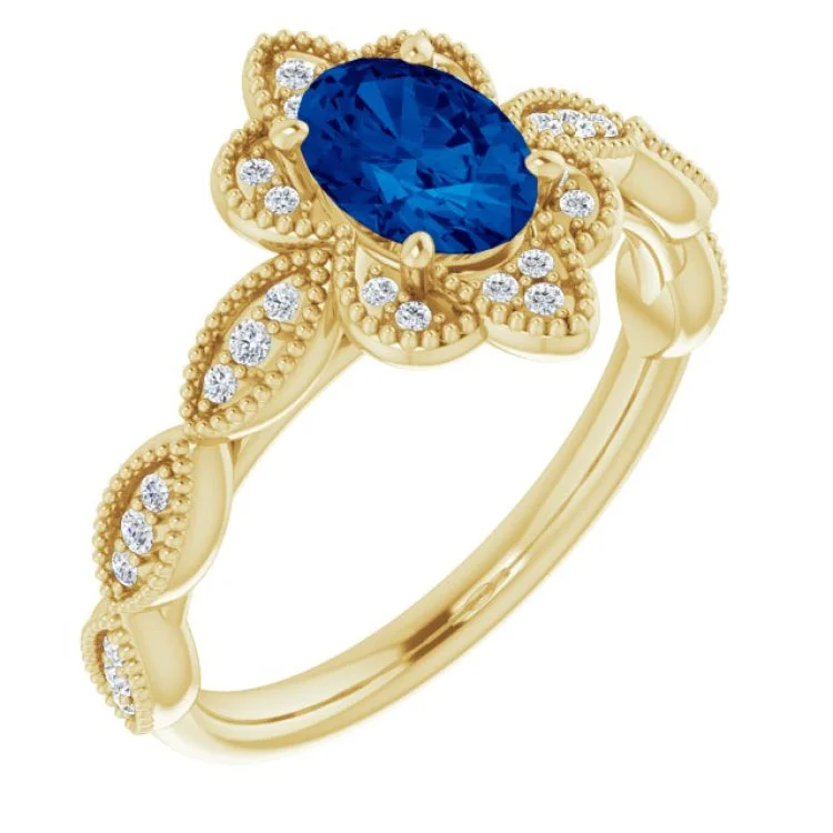 Ladies rings renaissance vibe -14K Yellow Lab-Grown Blue Sapphire & 1/8 CTW Natural Diamond Ring