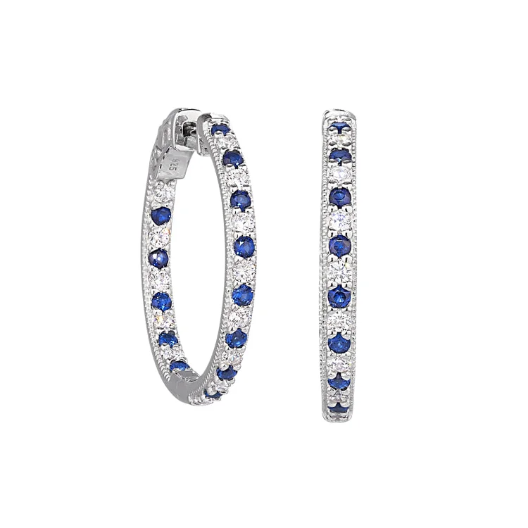 Ladies earrings crystal accent -Platinum Finish Sterling Silver Micropave Hoop Earrings with Simulated Sapphires and Simulated  Diamonds