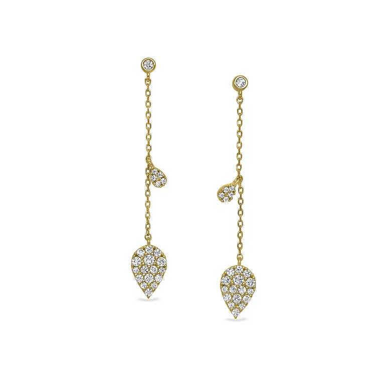 Ladies earrings statement piece -Gold Finish Sterling Silver Micropave Leaf Drop Earrings with Simulated Diamonds