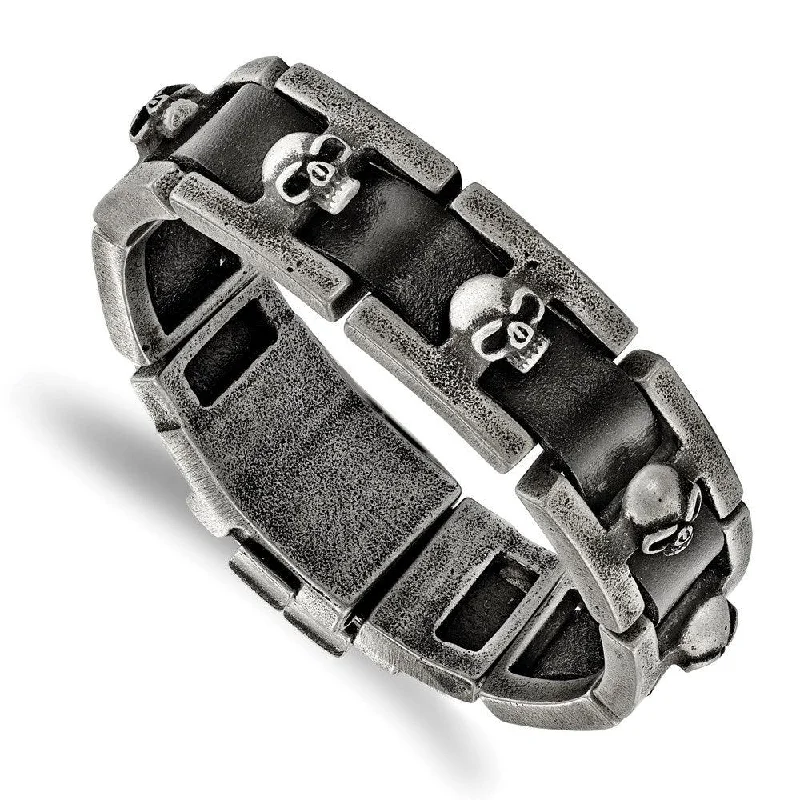 ladies bracelets sizes-Stainless Steel Brushed Antiqued Skull Black Leather Bracelet