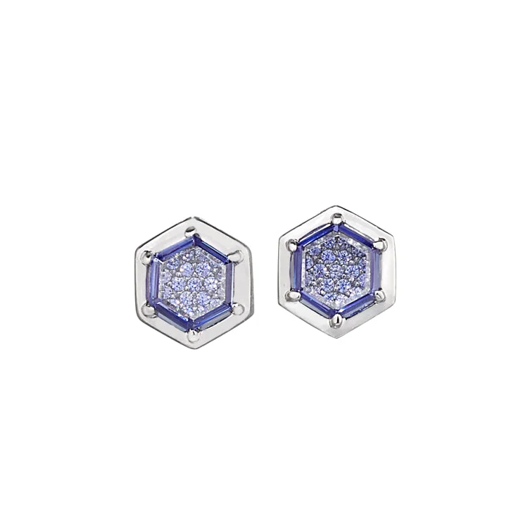 Ladies earrings statement piece -Platinum Finish Sterling Silver Flat Hexagon Synthetic Tanzanite Earrings with Simulated Diamonds