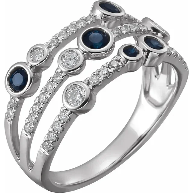 Ladies rings confirmation ring -14KT WHITE GOLD 0.44 CTW SAPPHIRE & 3/8 CTW DIAMOND BEZEL-SET 3 ROW RING