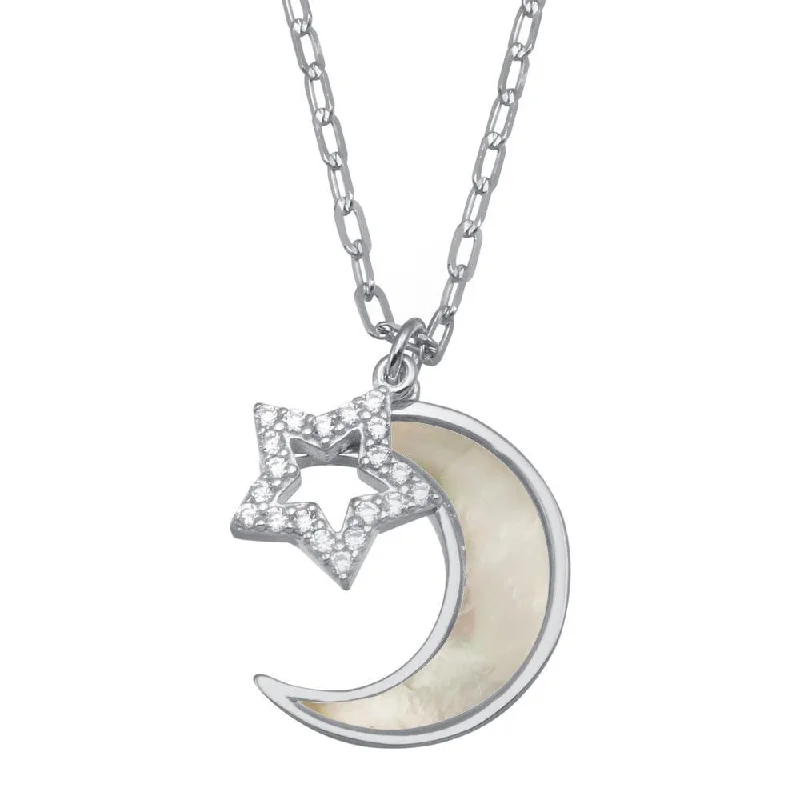 ladies necklaces stores-Rhodium Plated 925 Sterling Silver CZ Synthetic Mother of Pearl Star and Crescent Moon Necklace - GMN00102