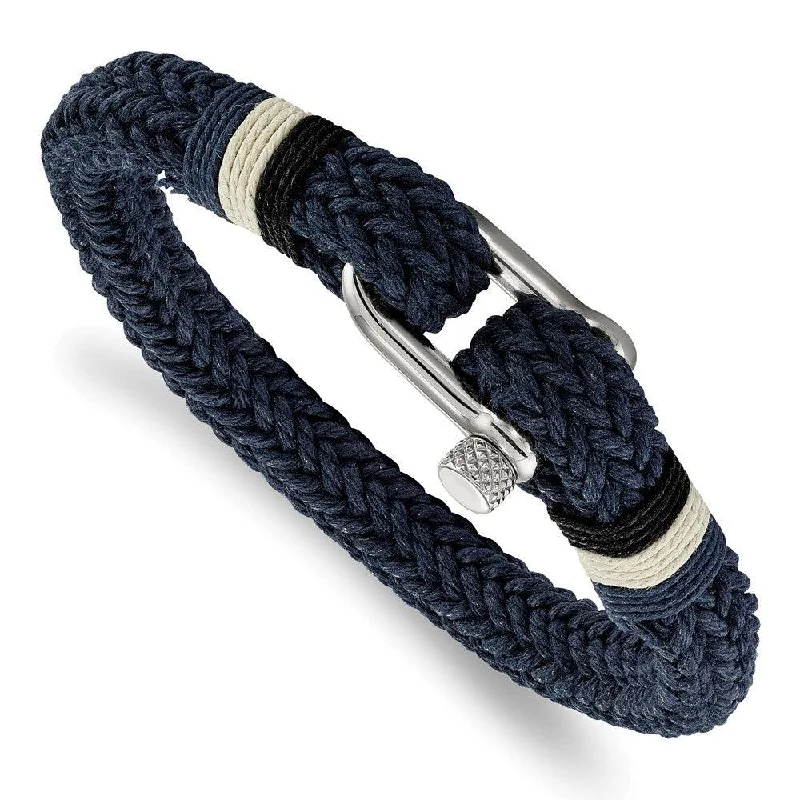 ladies bracelets vintage-Stainless Steel Polished Woven Navy Cotton Bracelet