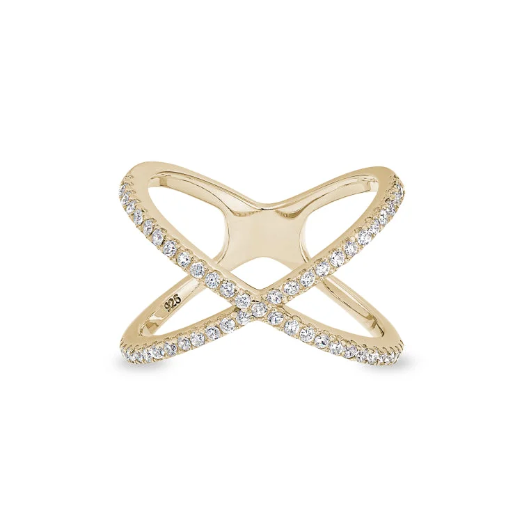 Ladies rings polynesian look -Gold Finish Sterling Silver Micropave Criss-Cross Ring with Simulated Diamonds