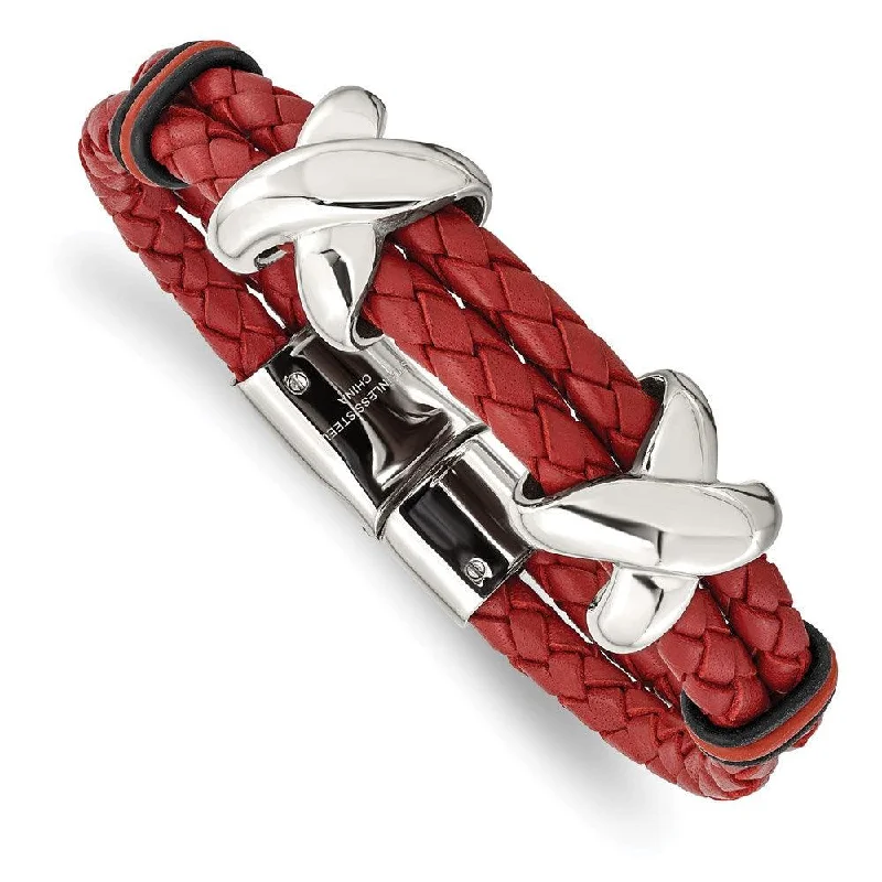 ladies bracelets birthstone-Stainless Steel Polished Red Leather and Rubber Bracelet