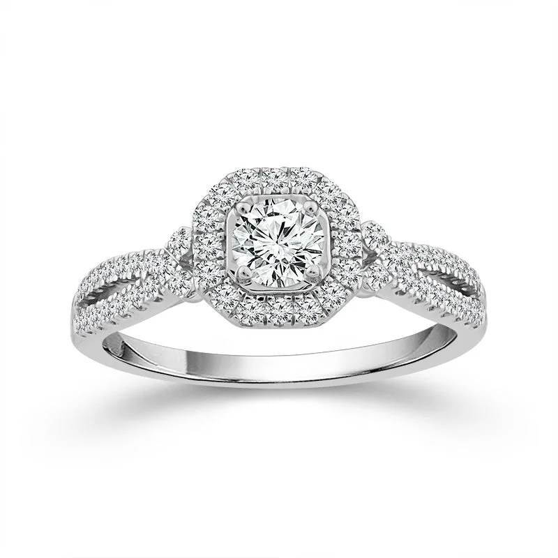 Ladies engagement rings 1980s bold -5/8 Ctw Round Diamond Halo Engagement Ring in 14 Karat White Gold