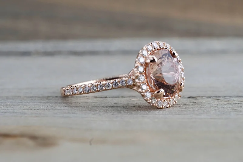 Ladies engagement rings intricate detail -14k Rose Gold Round Peach Pink Morganite Diamond Halo Engagement Anniversary Ring