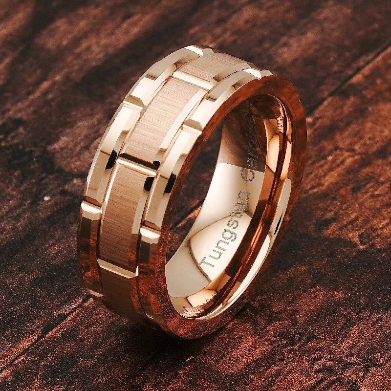 Ladies engagement rings desert vibe -Tungsten Rings for Mens Wedding Band Rose Gold Brick Pattern Engagement Promise Jewelry Size 6-16