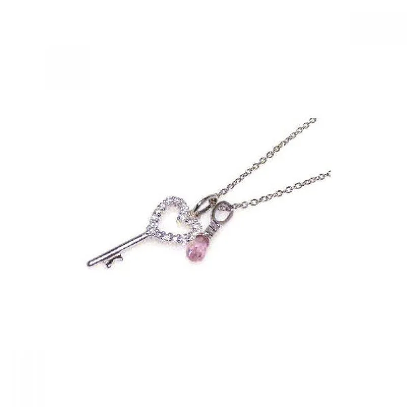 ladies necklaces collar-Silver 925 Clear Pink CZ Rhodium Plated Heart Key Pendant Necklace - STP00311