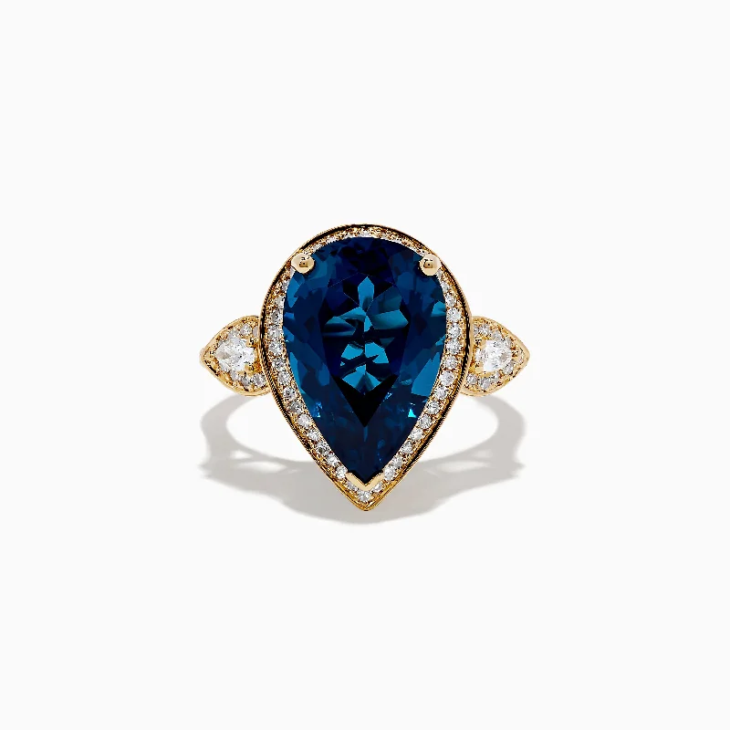 Ladies rings fast shipping -Ocean Bleu 14K Yellow Gold Blue Topaz and Diamond Teardrop Ring