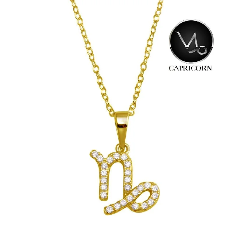 ladies necklaces branded-Gold Plated 925 Sterling Silver Capricorn CZ Zodiac Sign Necklace - BGP01339GP