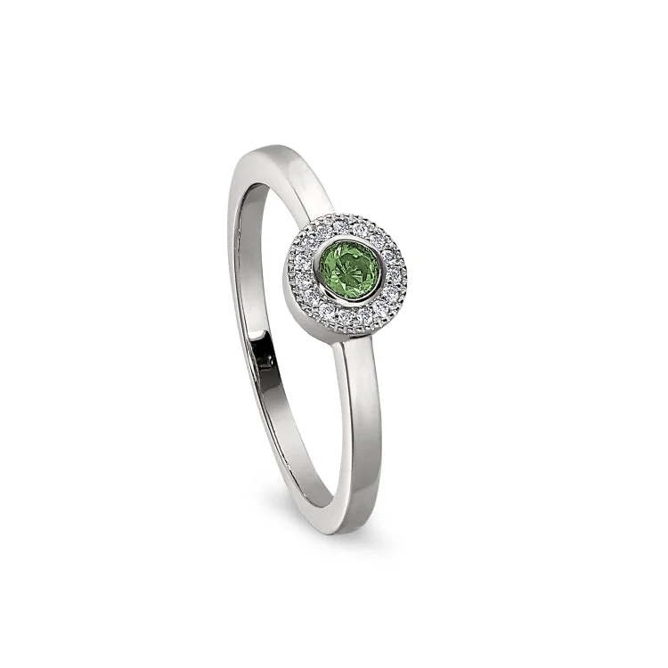 Ladies rings southwestern look -Platinum Finish Sterling Silver Micropave Round Simulated Peridot Ring with Simulated Diamonds Size 5