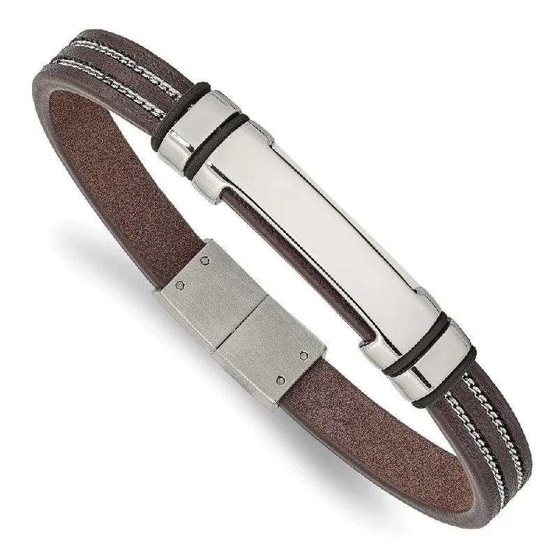 ladies bracelets investment-Stainless Steel Polished Brown Leather w/Black Rubber 8.25in ID Bracelet