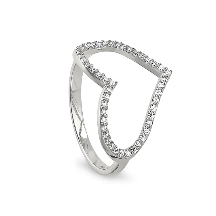 Ladies rings with diamonds -Platinum Finish Sterling Silver Micropave Open Heart Ring with Simulated Diamonds