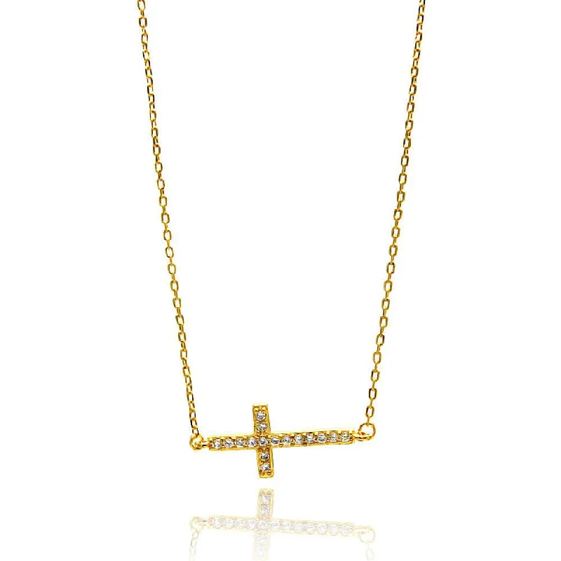 ladies necklaces purple-Silver 925 Gold Plated Sideways Cross CZ Necklace - BGP00673