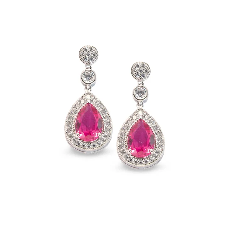 Ladies earrings hematite gray -Platinum Finish Sterling Silver Micropave Tear Drop Earrings with Simulated Ruby and Simulated Diamonds