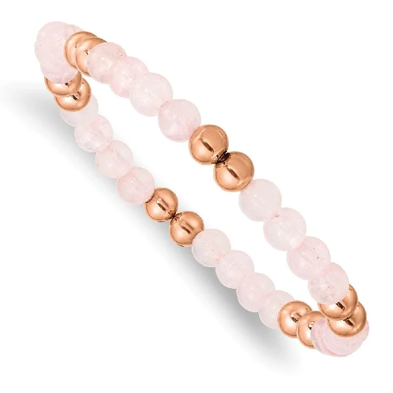 ladies bracelets designs-Stainless Steel Polished Rose IP-plated Pink Quartz Beaded Stretch Bracelet