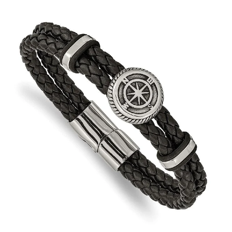 ladies bracelets sentimental-Stainless Steel Antiqued & Polished Black Leather Compass 8in Bracelet