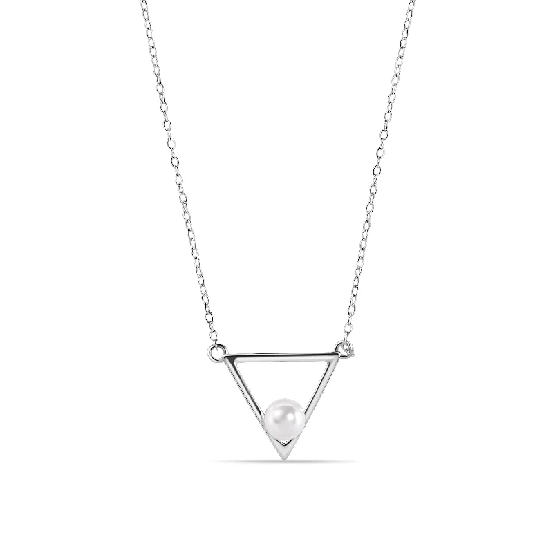 ladies necklaces birthstone-Silver 925 Rhodium Plated Open Triangle Fresh Water Pearl Necklace - STP01492