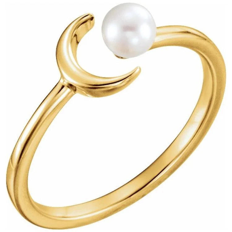 Ladies rings classic elegance -14K Yellow Cultured White Freshwater Pearl Crescent Moon Ring