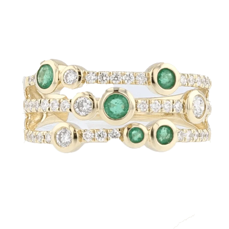 Ladies rings debutante look -14KT YELLOW GOLD 3/8 CTW EMERALD & 3/8 CTW DIAMOND BEZEL-SET 3 ROW RING