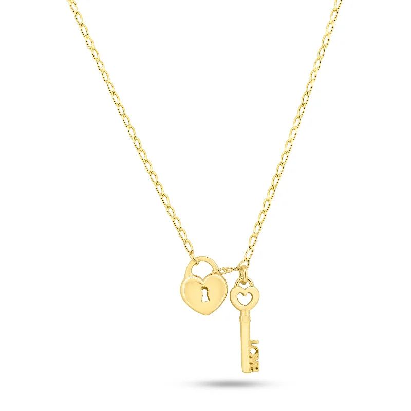 ladies necklaces pre owned-Gold Plated 925 Sterling Silver Medium Love Key and Heart Lock Necklace - ECN00072GP