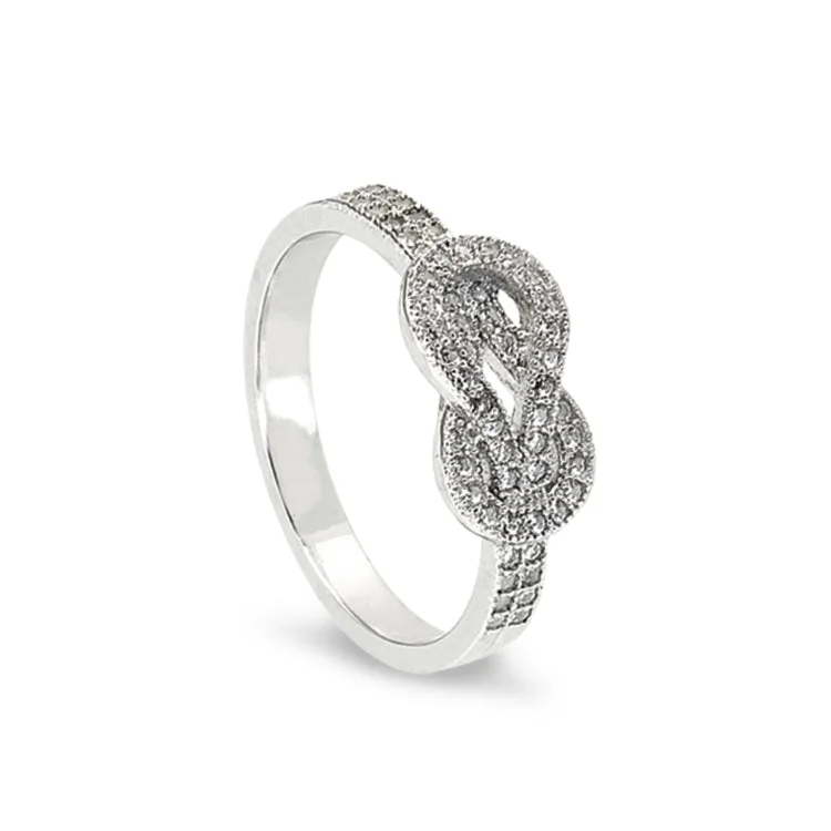 Ladies rings native american -Platinum Finish Sterling Silver Micropave Knot Ring with Simulated Diamonds