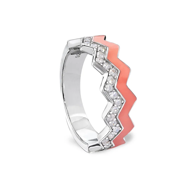 Ladies rings mixed metals -Platinum Finish Sterling Silver Micropave Ring with with Coral Enamel and Simulated Diamondss