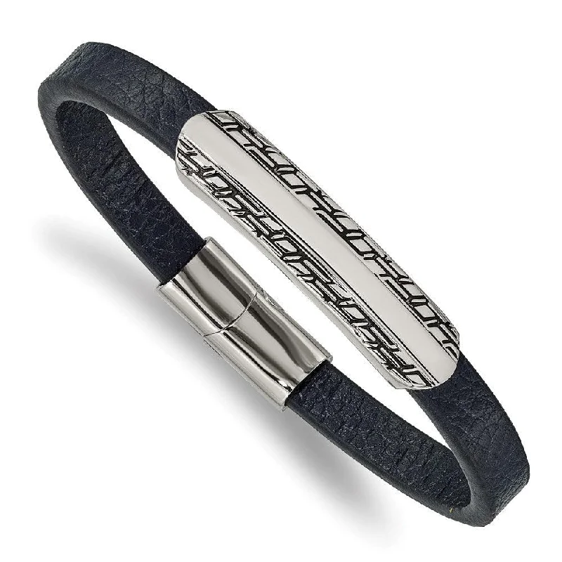 ladies bracelets milestone-Stainless Steel Antiqued and Polished Blue Leather 8.25in Bracelet