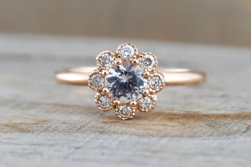 Ladies engagement rings fast shipping -14k Rose Gold Round White Sapphire Diamond Halo Engagement Ring Band Floral Flower