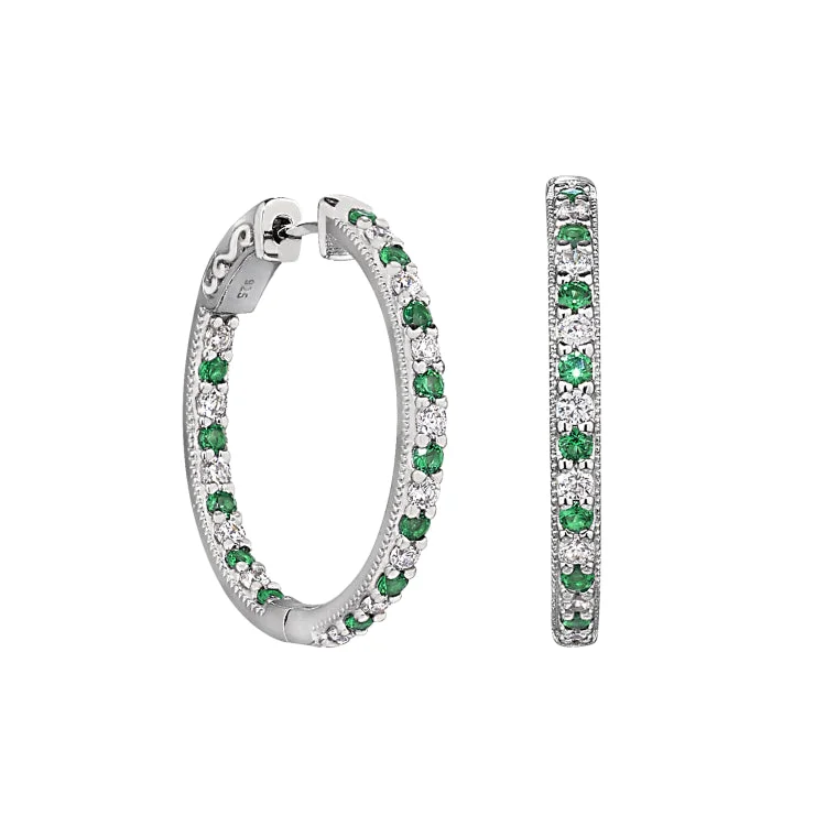 Ladies earrings art deco -Platinum Finish Sterling Silver Micropave Hoop Earrings with Simulated Emeralds and Simulated  Diamonds