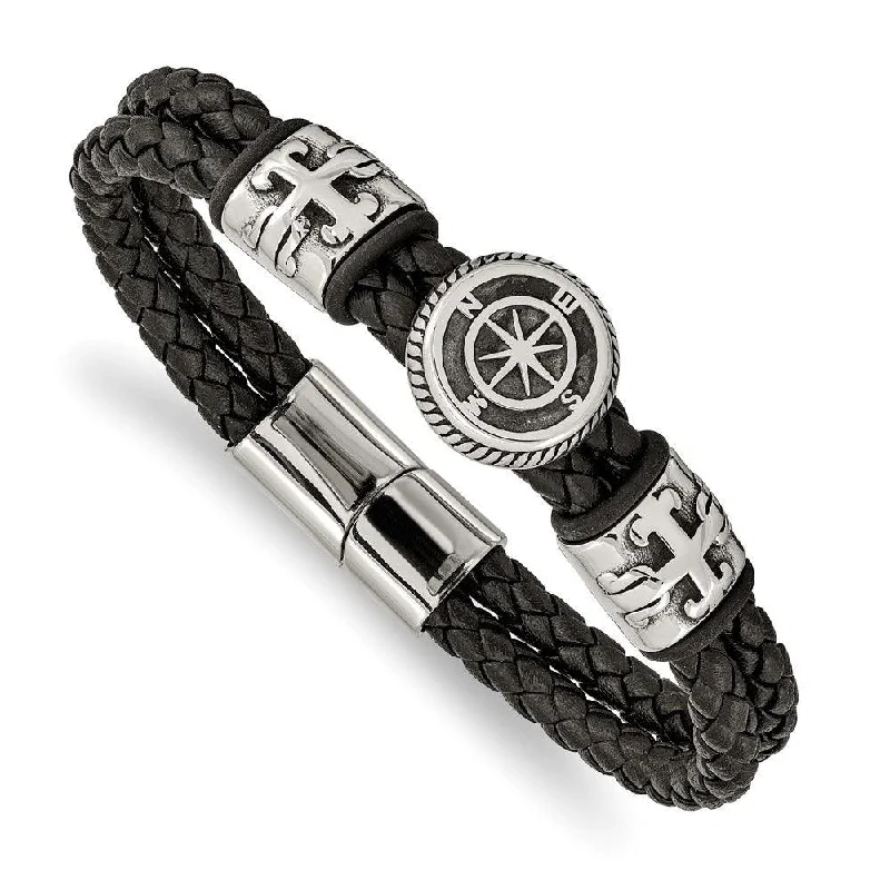 ladies bracelets reviews-Stainless Steel Antiqued & Polished Black Leather w/Rubber 8.25in Bracelet