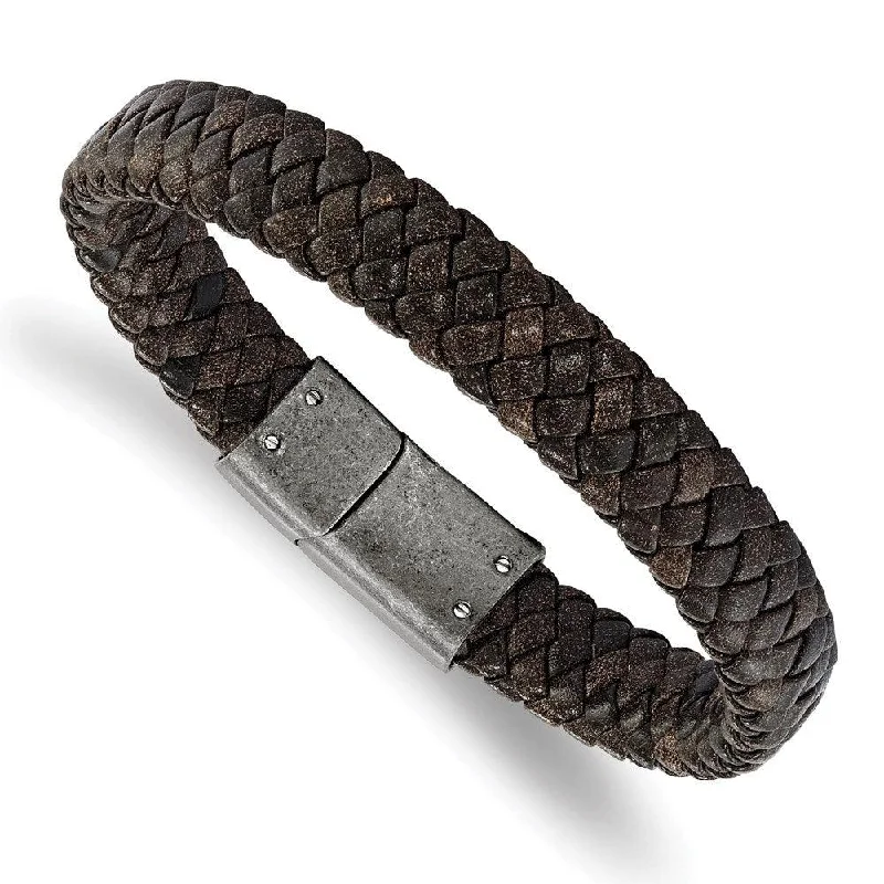 ladies bracelets expensive-Stainless Steel Brushed Brown Braided Genuine Leather 8.25in Bracelet