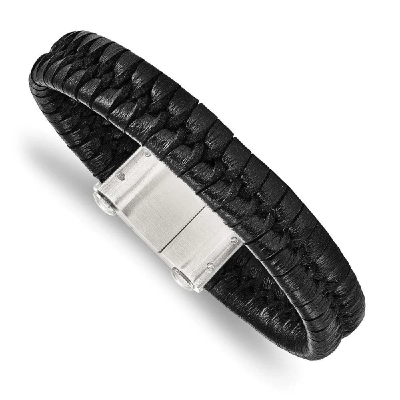 ladies bracelets silver-Stainless Steel Brushed Black Leather Bracelet