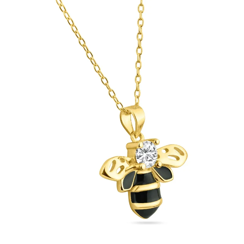 ladies necklaces collectible-Gold Plated 925 Sterling Silver Clear and Black Enamel Bee Pendant Necklace - BGP01454