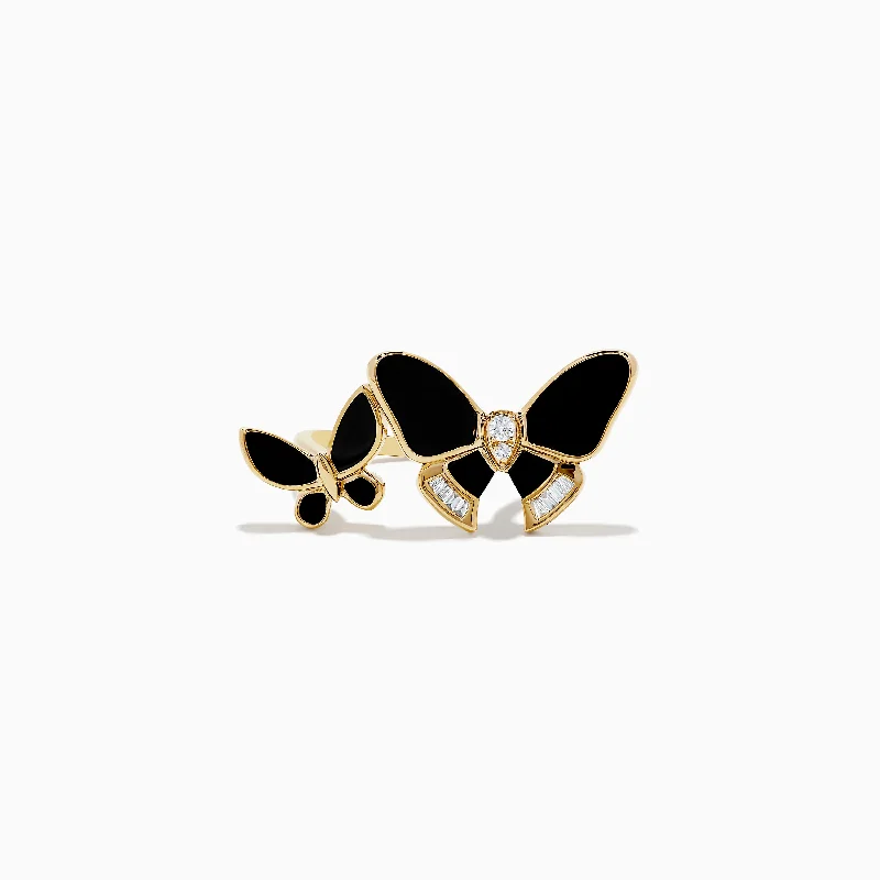 Ladies rings smoky quartz -Safari 14K Yellow Gold Diamond and Onyx Butterfly Ring