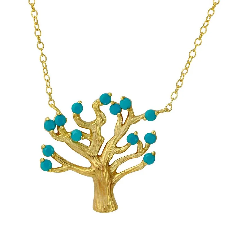 ladies necklaces heart shaped-Gold Plated 925 Sterling Silver Tree Necklace with Turquoise Beads - STP01583GP