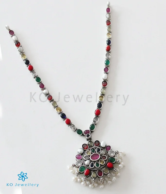 ladies necklaces two tone-The Ekathva Silver Navarathna Necklace (Oxidised)