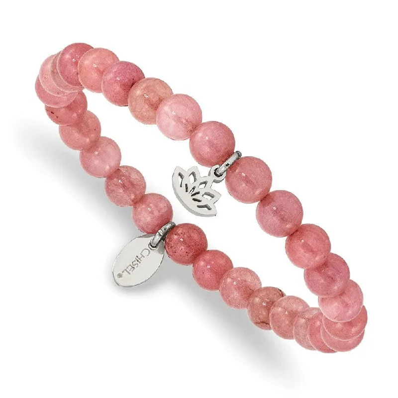 ladies bracelets summer-Stainless Steel Polished Lotus Pink Jade Beaded Stretch Bracelet