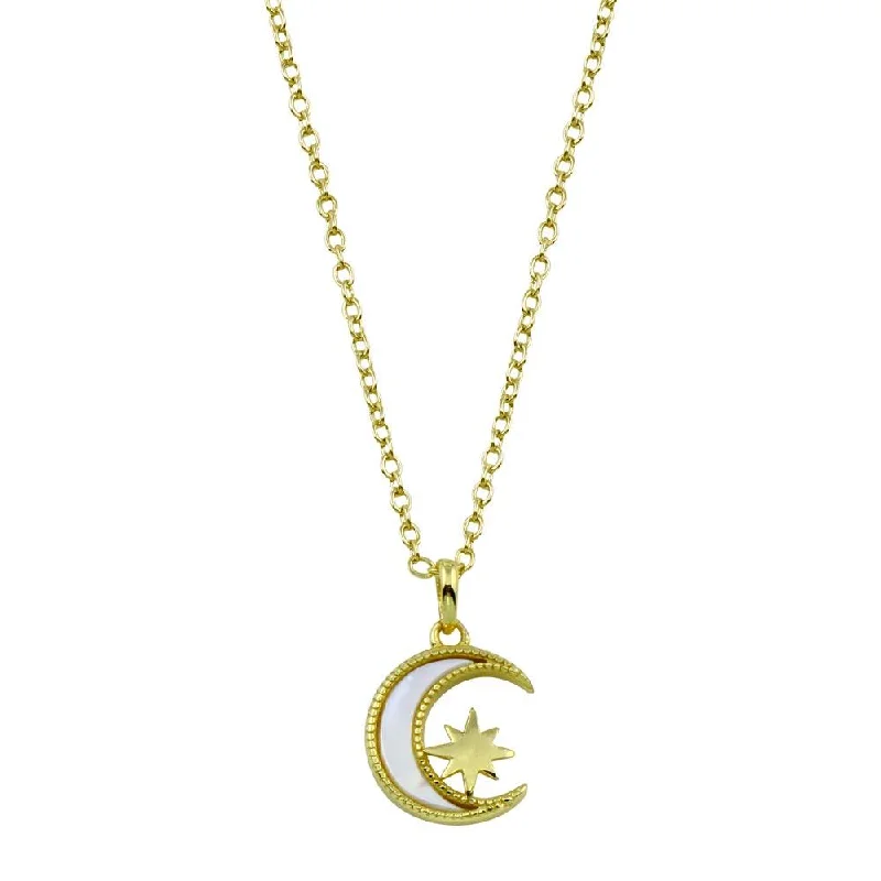 ladies necklaces antique-Gold Plated 925 Sterling Silver CZ Synthetic Mother of Pearl Star and Crescent Moon Necklace - STP01773GP