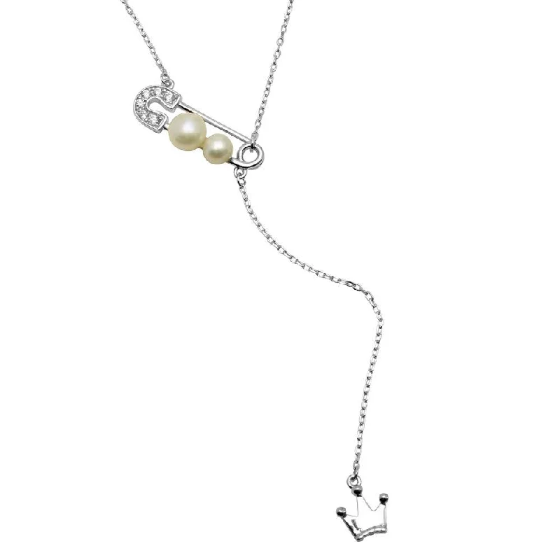 ladies necklaces custom-Rhodium Plated 925 Sterling Silver CZ Pin with Fresh Water Pearl Dropped Crown Necklace - BGP01204