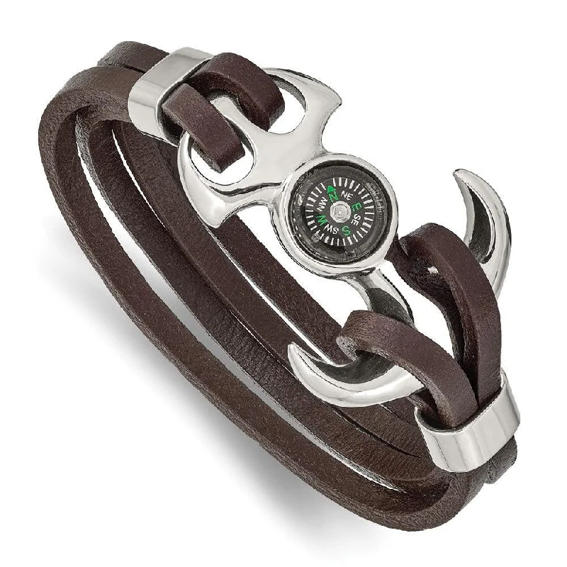 ladies bracelets jared-Stainless Steel Polished Functional Compass Brown Leather 8.5in Bracelet