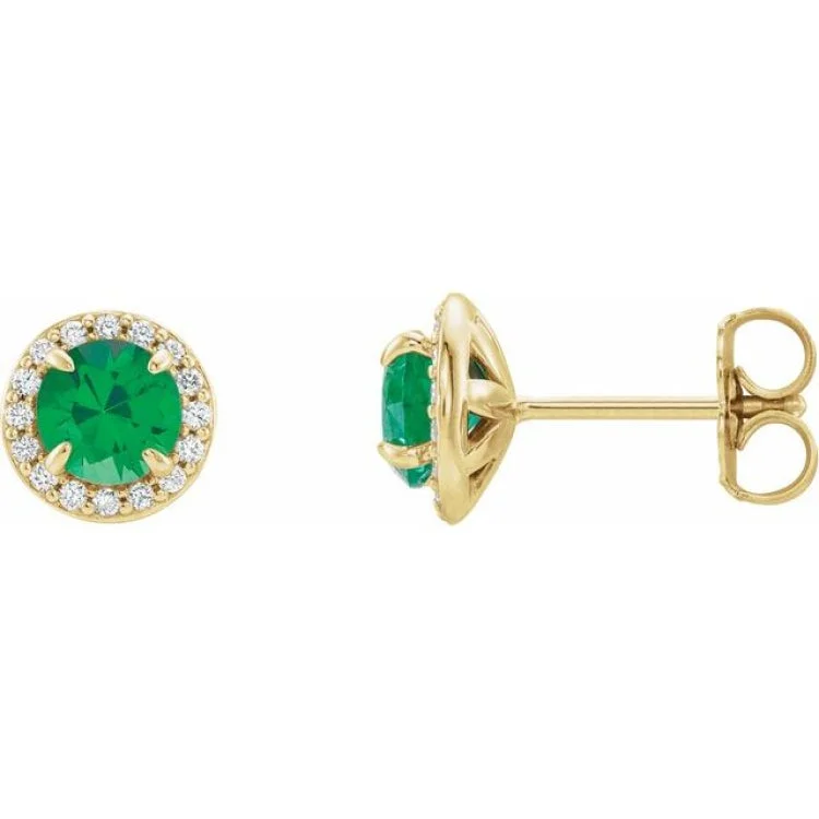 Ladies earrings floral design -14K Yellow 4.5 mm Lab-Grown Emerald & 1/6 CTW Natural Diamond Earrings