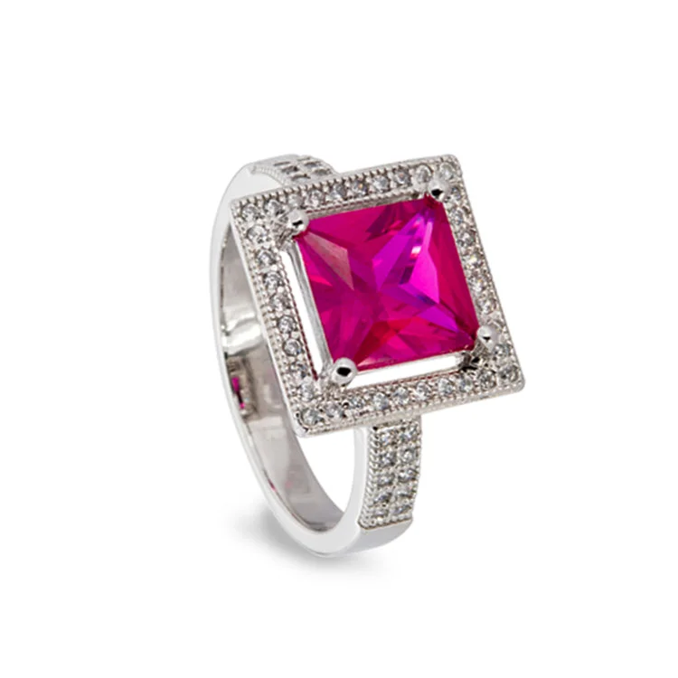 Ladies rings cruelty free -Platinum Finish Sterling Silver Micropave Simulated Ruby Princess Cut Ring with 57 Simulated Diamonds